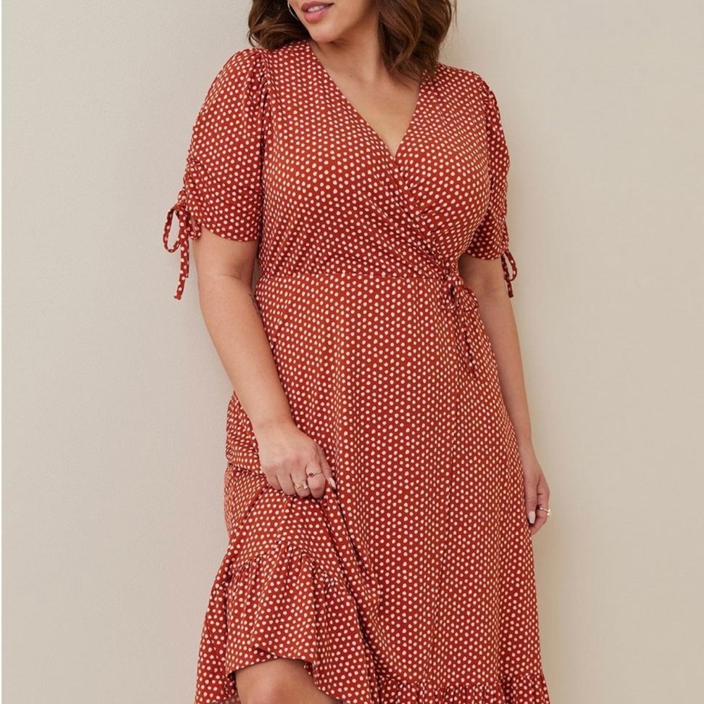 Burnt orange and crème Polk-a-dot faux wrap dress